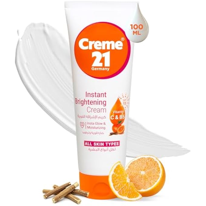 Creme 21 INSTANT BRIGHTENING CREAM - 100ML | FACE MOISTURIZER WITH VITAMIN C & PRO-B5 | INSTANT GLOW FROM DAY 1 | EVENS TONE & FADES DARK SPOTS WITH SPF 15 DAILY PROTECTION | BORN IN GERMANY - Image 1